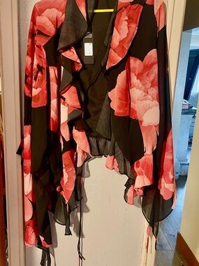 Fashion Nova Black and Pink Floral Ruffle Blouse